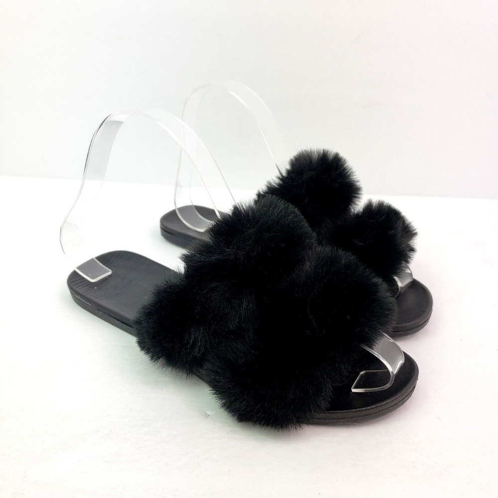 Bamboo Fullmoon-15 Womens Size 6 Black Fax Fur Fuzzy Slip On Flat Sandals
